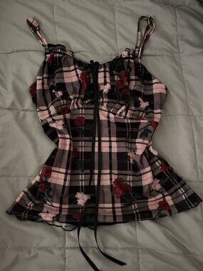 Plaid Rose Lace-up Babydoll Cami
